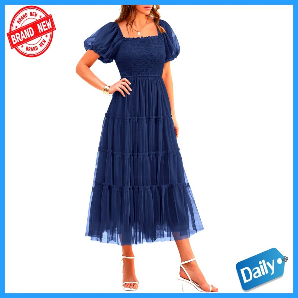 Women's Smocked Midi Tulle Dress Puffy Sleeve Square Neck Ruffle Elegant Party